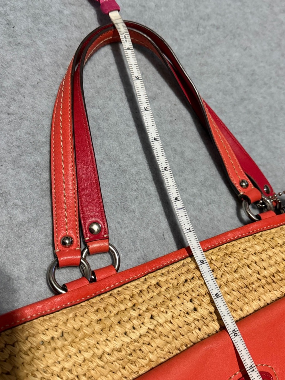 Coach Raffia Straw Tote Bag with Red & Orange Leather Trim Purse - Picture 13 of 15